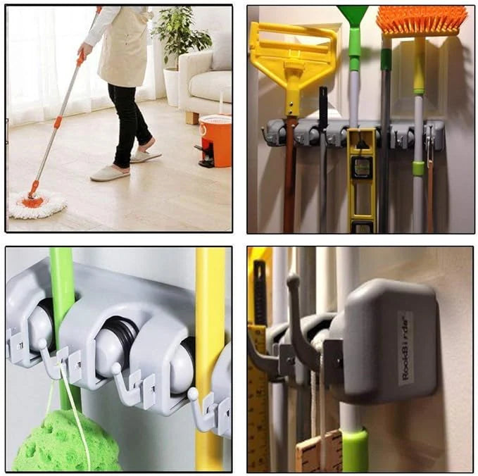 Wall Mounted Mop Broom Holder Organizer | 16" Heavy Duty Garage & Toilet Storage | Holds 5lbs Per Slot No-Slip Grip