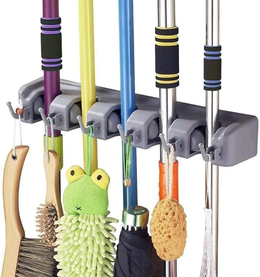 Wall Mounted Mop Broom Holder Organizer | 16" Heavy Duty Garage & Toilet Storage | Holds 5lbs Per Slot No-Slip Grip
